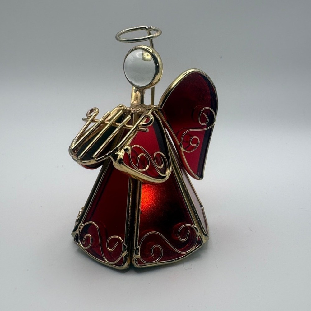 Vtg Angel w/Harp Stained Glass Figurine Ornament 3.5x2.5 inch Red Gold